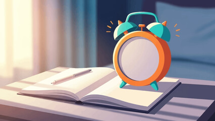 Colorful Alarm Clock Resting on Open Book by Window.