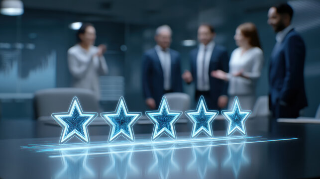 Proud business professionals clapping for top five star rating quality success