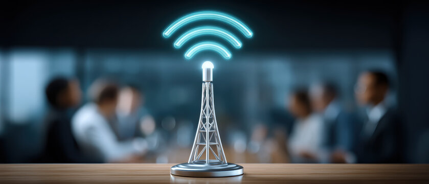 Wireless technology connection icon with blurred business professionals corporate office meeting - Powered by Adobe
