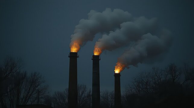 Three plumes of white smoke, billowing from towering industrial chimneys, pierced the overcast sky, painting a dramatic scene of human industry against the vast expanse of the atmosphere, a 