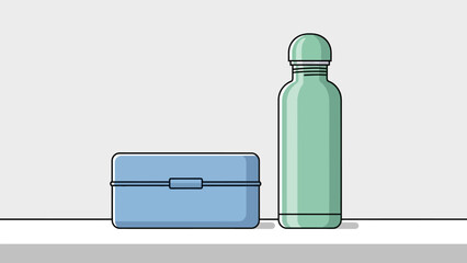 Blue Lunchbox and Green Bottle Still Life on a Clean Surface.