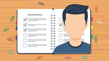 Person With Checklist Notebook At Desk Surrounded By Stationery.