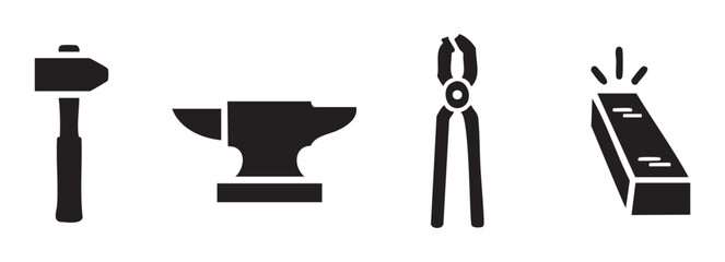 Blacksmith tools and equipment icons representing traditional metalworking craft, forging, and heavy industry on a clean graphic illustration.