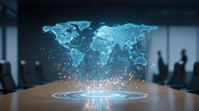 Futuristic global business hologram for successful professionals in modern office - Powered by Adobe