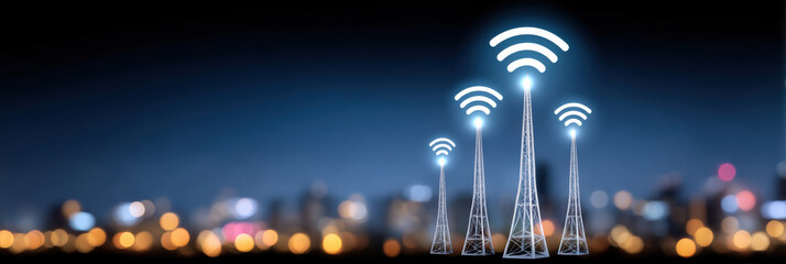 Glowing wifi signals connect business professionals in modern urban night city concept