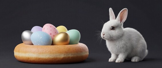 A small white rabbit sits beside a large donut filled with pastel and metallic Easter eggs on a dark graphite background with key top-left lighting, soft backlit rim light, and very shallow depth 