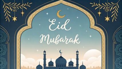 Eid Mubarak Greeting Card with Mosque and Crescent Moon, Spiritual Celebration, Islamic Festive Design, Sacred Night Scene, AI Generated