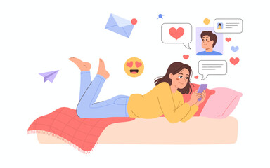 Obraz premium This vibrant illustration captures a woman lounging on a bed, enjoying interactions on her smartphone surrounded by digital emoticons, reflecting modern relationships and emotions.