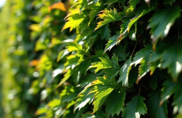Obraz premium Green leaves form a textured wall in bright sunlight. Lush foliage creates a natural outdoor backdrop for garden scenes or serene nature themes.