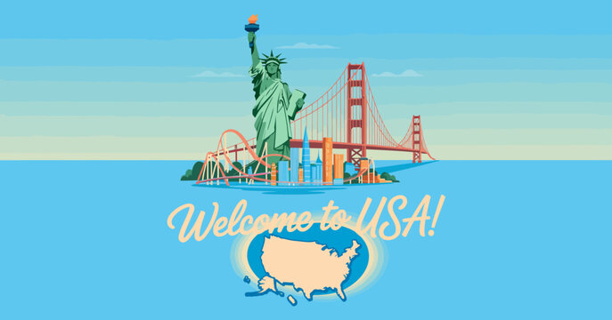 A colorful illustration featuring iconic landmarks of the USA, including the Statue of Liberty and Golden Gate Bridge, celebrating the spirit of freedom and adventure in one image.