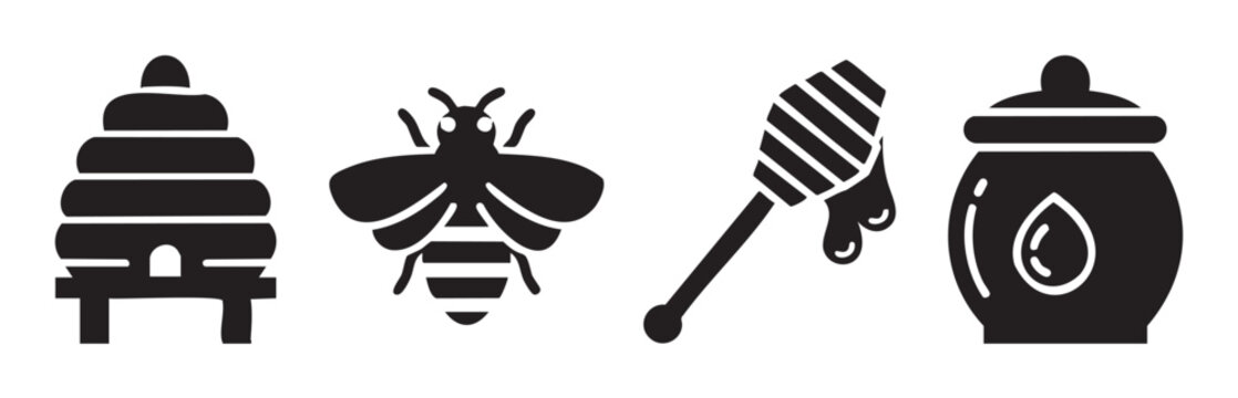 Beehive bee honey dipper honey pot icons representing apiculture, natural sweetness, and beekeeping elements in a simple, elegant black glyph style.
