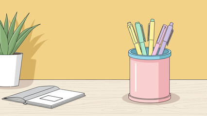 Cozy Desk Workspace with Plant and Colorful Pencils.