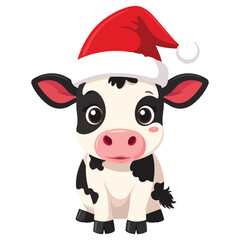 Charming cute icon cow wearing a bright red Santa Claus hat, vector flat design illustration, simple graphic mascot artwork ideal for Christmas and New Year holiday greeting cards, winter celebration