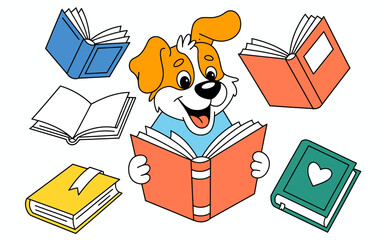 A delightful illustration of a cheerful dog engrossed in reading books, capturing the essence of curiosity and learning, making it perfect for children's educational materials.