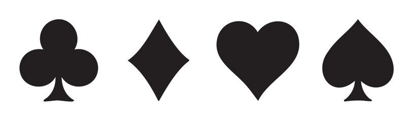Obraz premium Playing card suits symbols set in black color, including club, diamond, heart, and spade, representing gambling, casino, and game concepts.