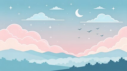 Dreamy Pastel Mountain Landscape with Crescent Moon and Birds, Serene Nature Scene, Tranquil Outdoors, Peaceful Sky Artwork, AI Generated