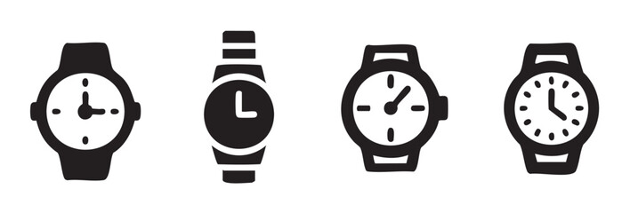 Four different minimalist wristwatch icons represent time management and punctuality, perfect for various digital and print design applications.