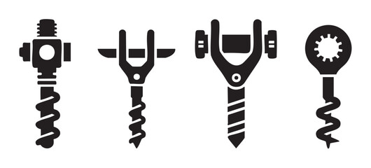 Four different corkscrews for opening wine bottles, featuring various handle designs and spiral worms, presented as a collection of black silhouette icons.