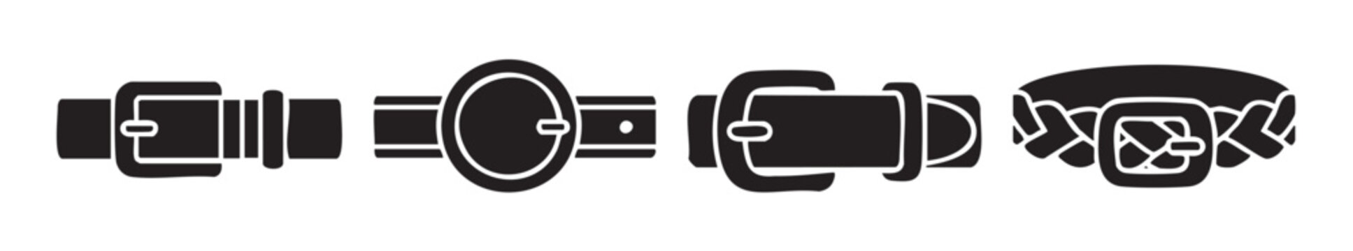 Belt buckles and straps in various styles, representing fashion accessories and secure fastenings for clothing, presented as a graphic vector illustration.