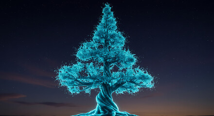Luminous Blue Liquid Tree Against a Starry Night