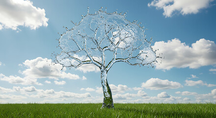 Water Tree on a Green Field Under Blue Sky