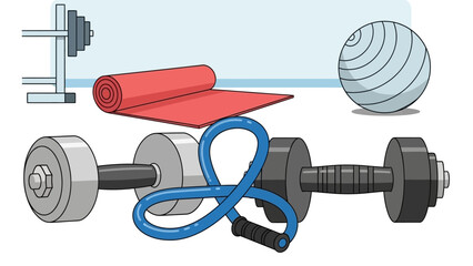 Home Gym Equipment Set Featuring Dumbbells and Mat.