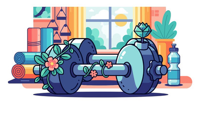 Colorful Home Gym Illustration with Dumbbells and Plants.