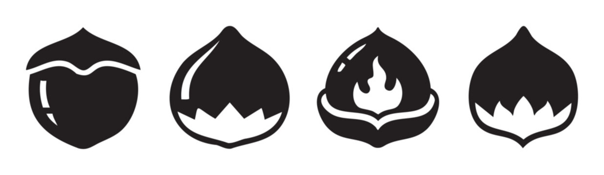 Four stylized nut and cap icons illustrate various designs and details, including a flame symbol, perfect for autumn and food-related themes.