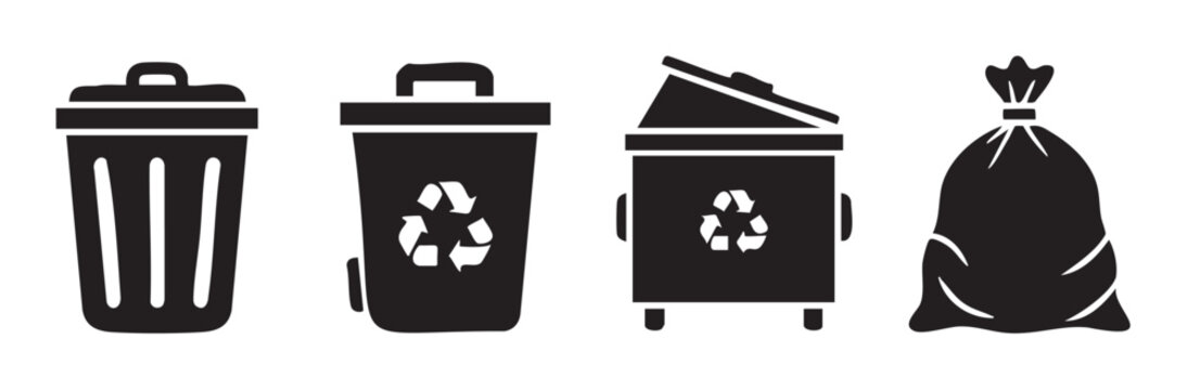Waste disposal containers and a garbage bag are depicted in a set of black silhouette icons representing environmental responsibility and proper refuse management.