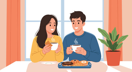 Happy young couple sitting at a table and enjoying a morning coffee break with various delicious pastries and donuts.