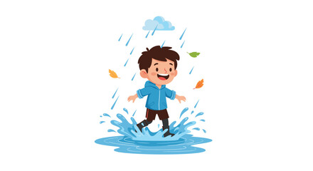 Happy young boy wearing a blue hoodie and boots jumping and splashing in a water puddle during a rainy autumn day.