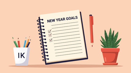 New Year Goals Desk Scene with Notebook and Plant.