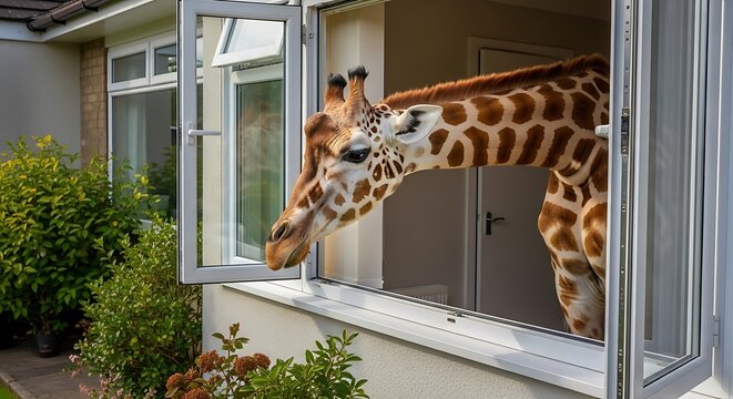 Giraffe curiously peeks through an open window of a house.