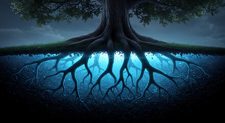 Mystical Tree with Glowing Roots, Underground Network