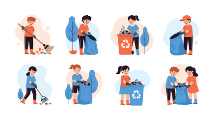 Group of children participating in environmental cleanup by raking leaves and putting trash into blue bags and recycling bins.
