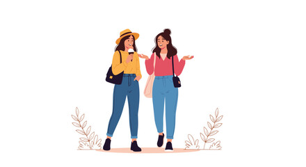 Fototapeta premium Two stylish young women walking together and having a lively conversation while one of them enjoys a delicious ice cream cone.