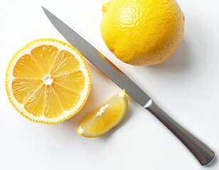 A whole lemon, a lemon half, and a slice rest on a white surface next to a sharp kitchen knife. This preparation suggests making juice or zest for cooking or drinks.