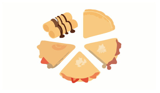 Sweet French crepe dessert vector set with chocolate drizzle and golden surface