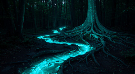 Enchanted Forest Stream with Glowing Blue Water