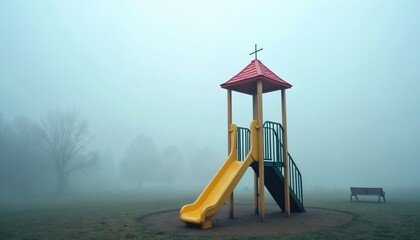 Empty playground structure stands in thick fog. A yellow slide and red topped tower are visible. A lone bench sits in distance park. Trees fade into mist.