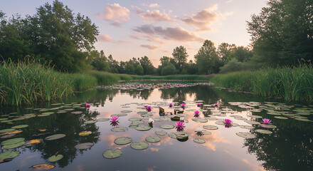 Serene Pond with Water Lilies at Sunset