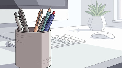 Office desk supplies with pencils and plant on modern workspace.