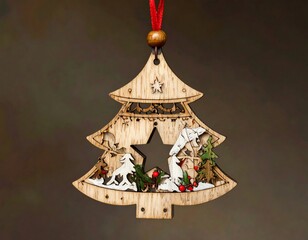 Wooden Christmas tree ornament showcasing a detailed nativity scene within. A red ribbon and wooden bead hang from the top. The background is a gradient