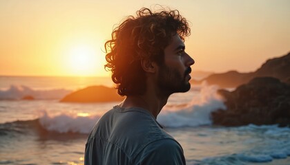 Man contemplates ocean sunset. Waves crash on rocky shore as sun dips below horizon, casting warm glow. Person reflects on life, finding peace in nature beauty.