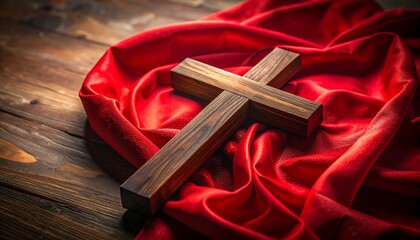 Wooden cross atop a draped scarlet cloth, set upon a rustic wooden surface; soft lighting creates depth and evokes serenity
