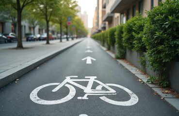 Obraz premium White bicycle symbol and directional arrows painted on asphalt bike lane. City street with parked cars, trees, and buildings. Urban pathway for cycle transport and healthy exercise.