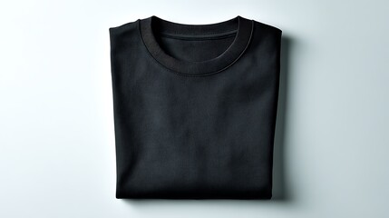 Minimalist Photorealistic Black Crew-Neck T-Shirt Folded on White Background