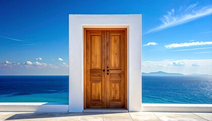 Wooden double doors set into a white frame, opening onto a coastal view of the blue ocean under a clear sky