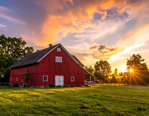 Obraz premium Vivid sunset bathes a rustic red barn in golden light, casting shadows on green fields