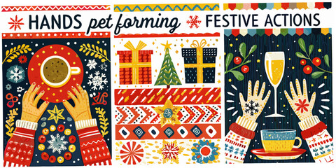 Festive hands and holiday illustrations a colorful collection for seasonal designs